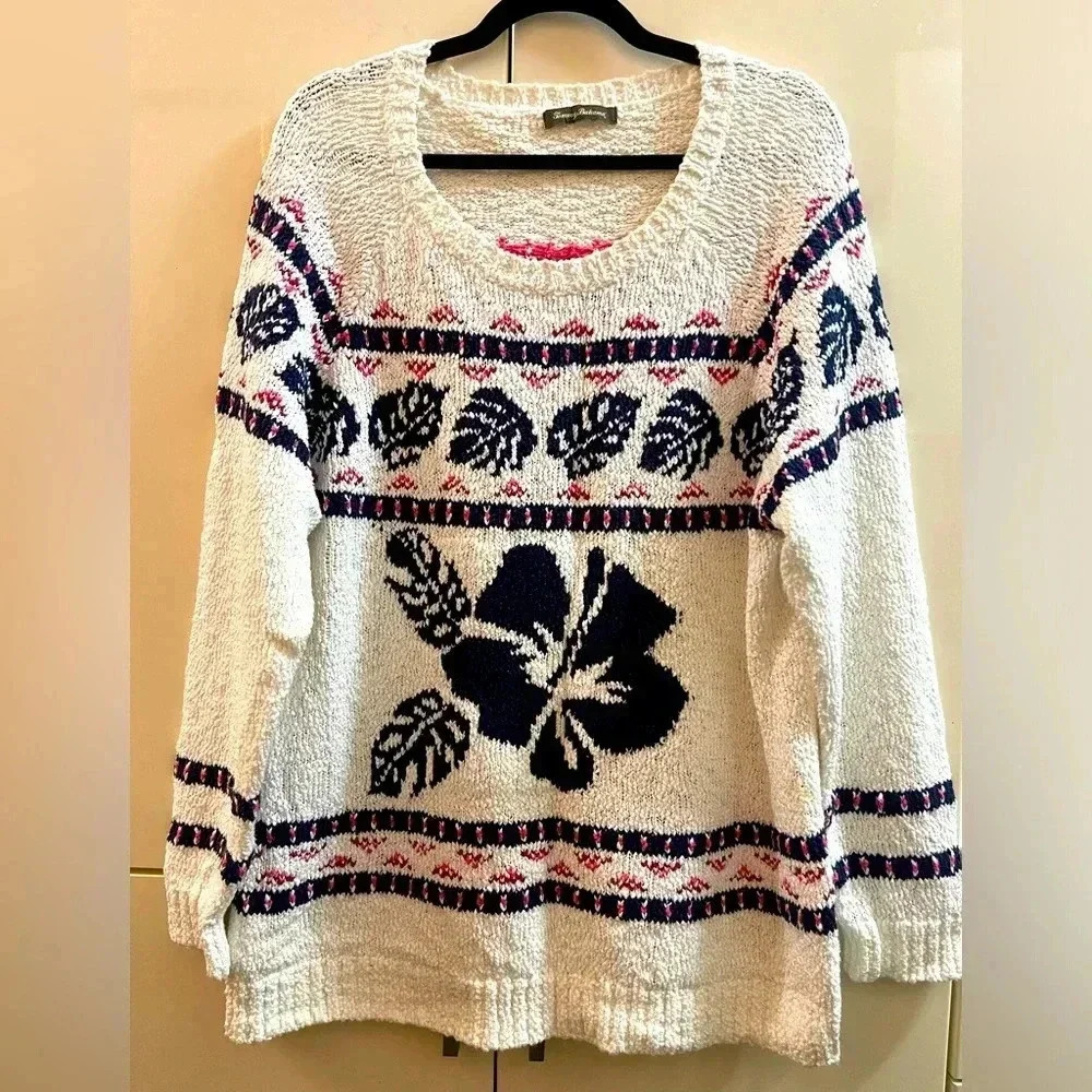 Womans Tommy Bahama White Blue Chunky Knit Tropical Cotton Sweater Sz M/ L